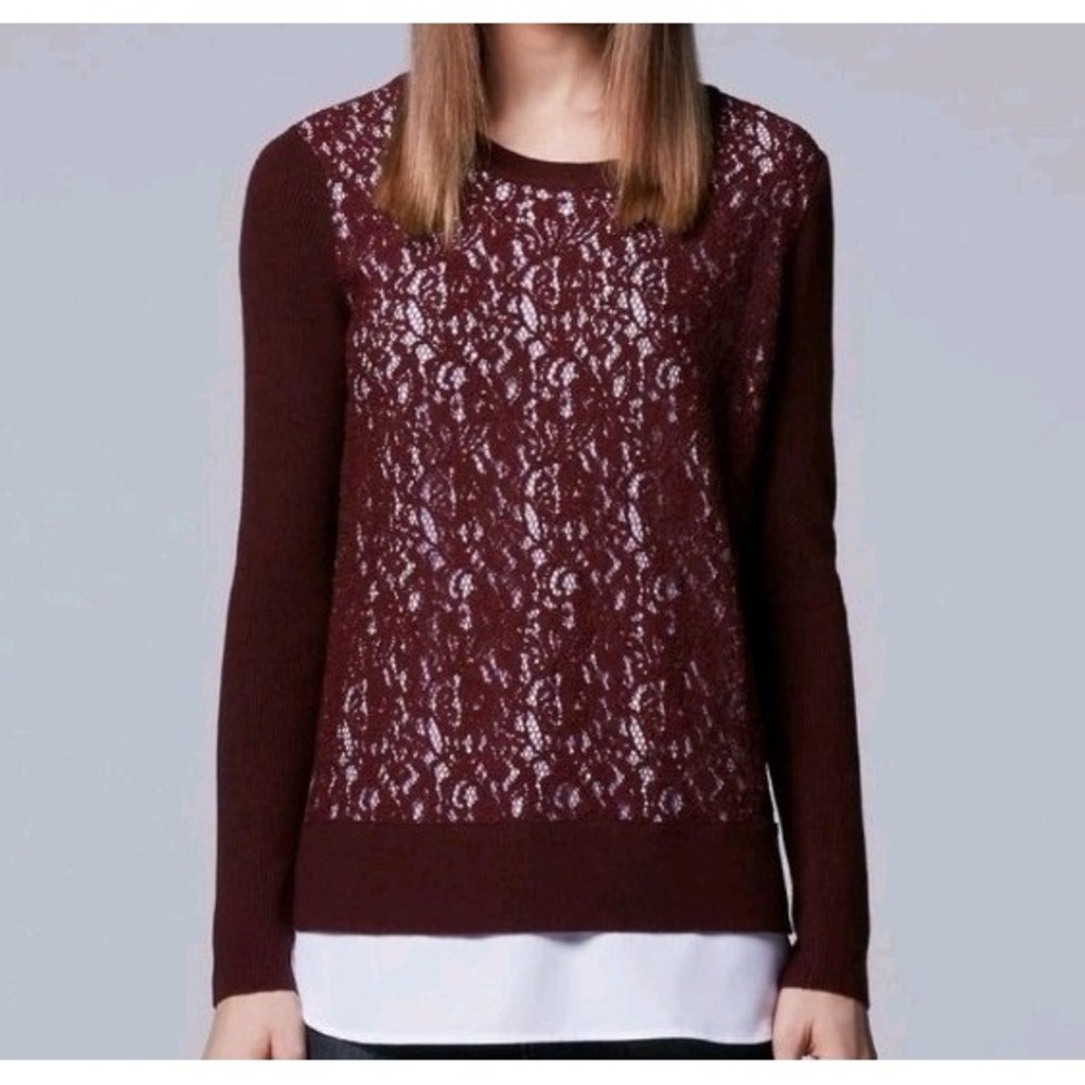 Simply Vera Wang Raisin Purple Crochet Lace Sweater Womens Medium Mock Layer Top